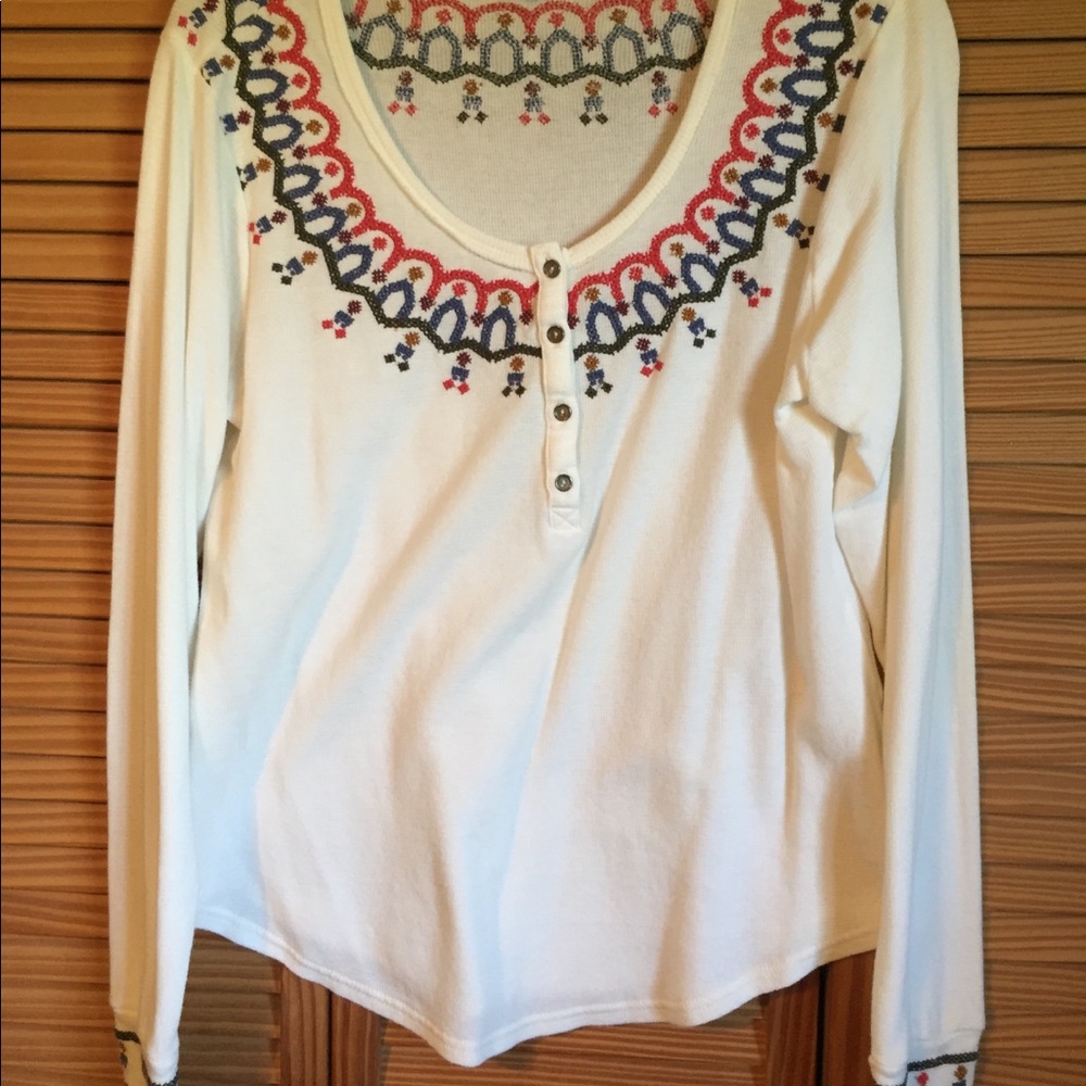 Lucky Brand White Henley w/ Cross stitch